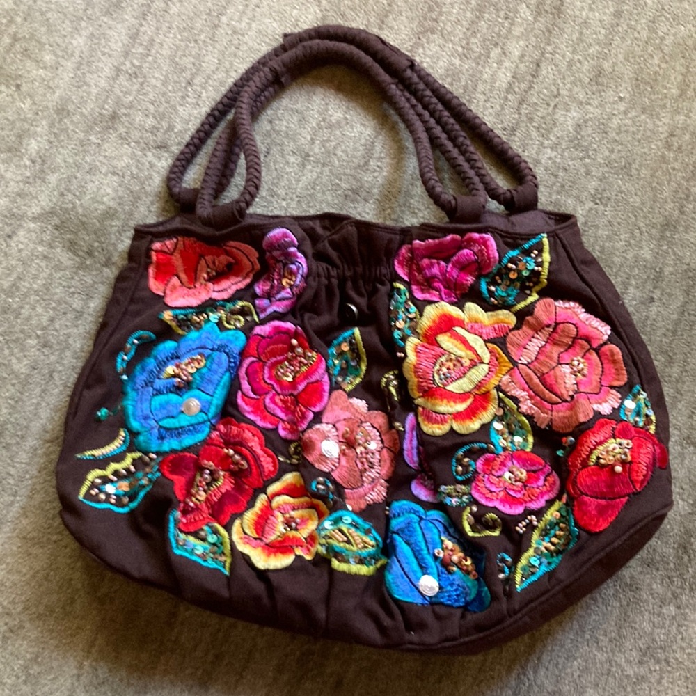 Embroidered and Beaded Brown Tote with Floral Pattern